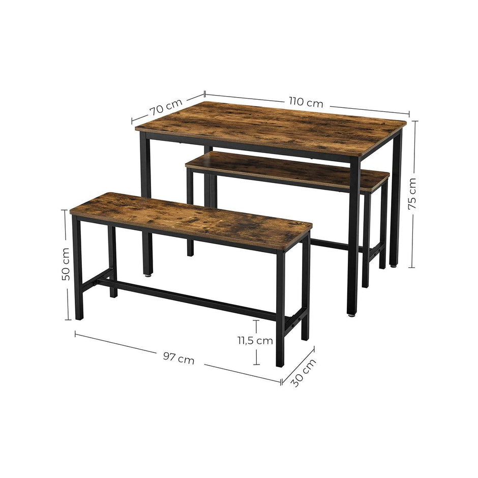Dining Table Set – Steel Frame – Rustic Brown and Black – Industrial Design with 2 Benches