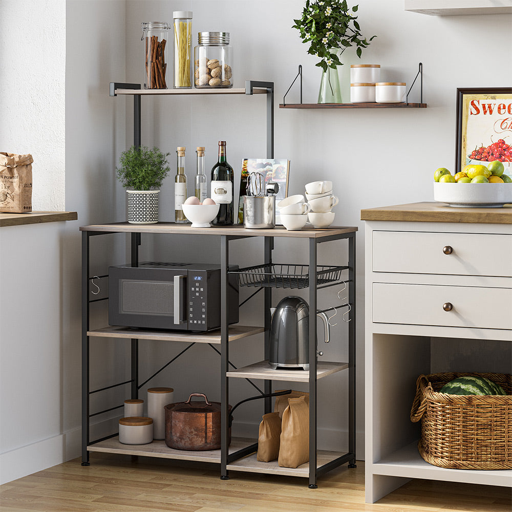 Baker's Rack – Metal and Wood – Greige and Black – Microwave Stand with Shelves and S-Hooks