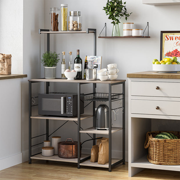 Baker's Rack – Metal and Wood – Greige and Black – Microwave Stand with Shelves and S-Hooks