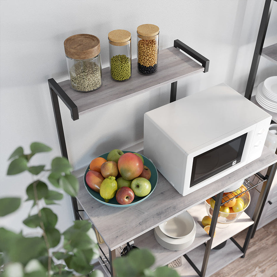 Baker's Rack – Metal and Wood – Greige and Black – Microwave Stand with Shelves and S-Hooks