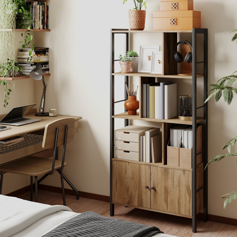 Large Bookcase – Wood – Toasted Oak – Four Shelves with Doors