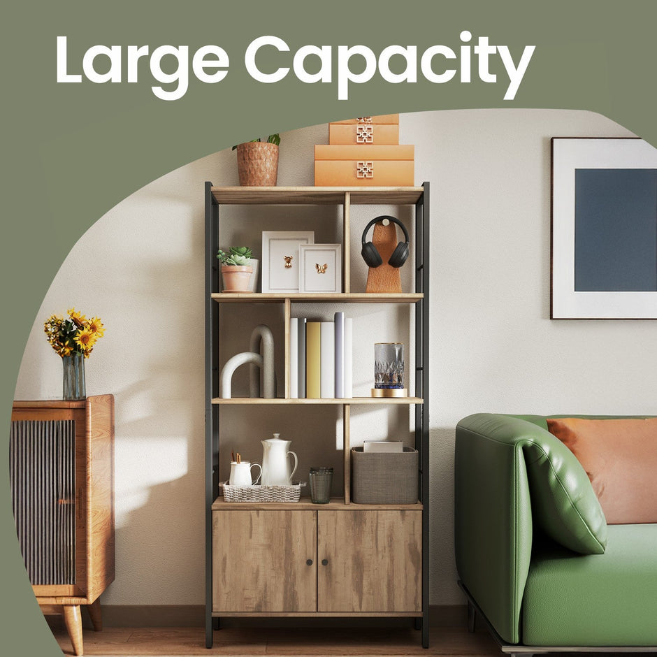 Large Bookcase – Wood – Toasted Oak – Four Shelves with Doors