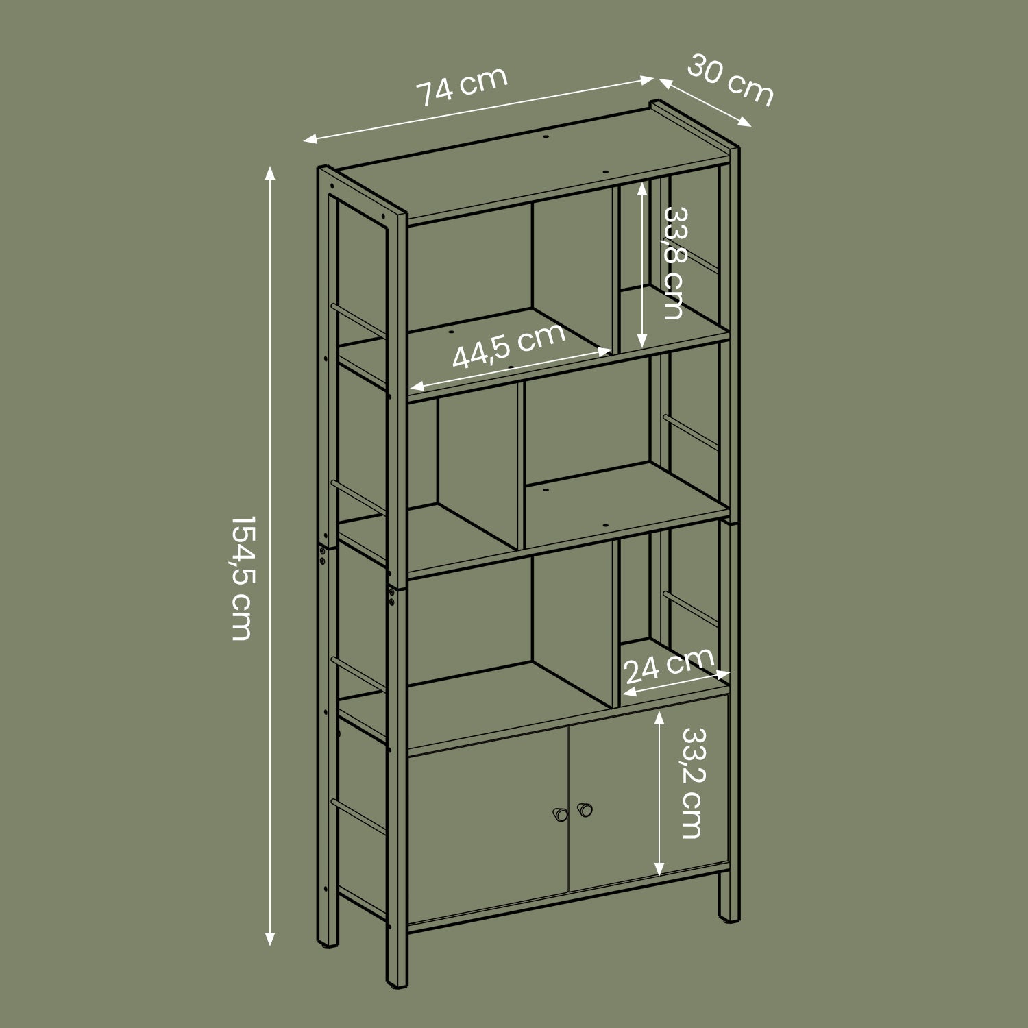 Large Bookcase – Wood – Toasted Oak – Four Shelves with Doors