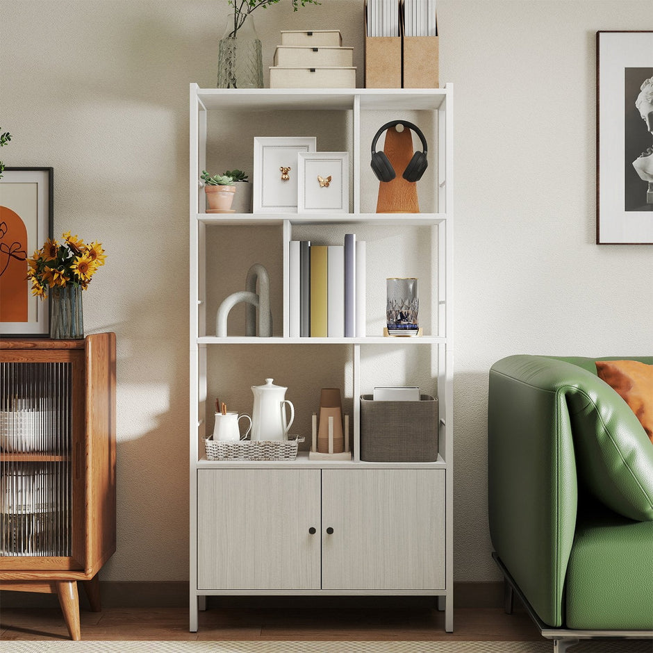 Bookshelf – Wood – Maple White and Ink Black – Large Storage with Doors and 4 Shelves