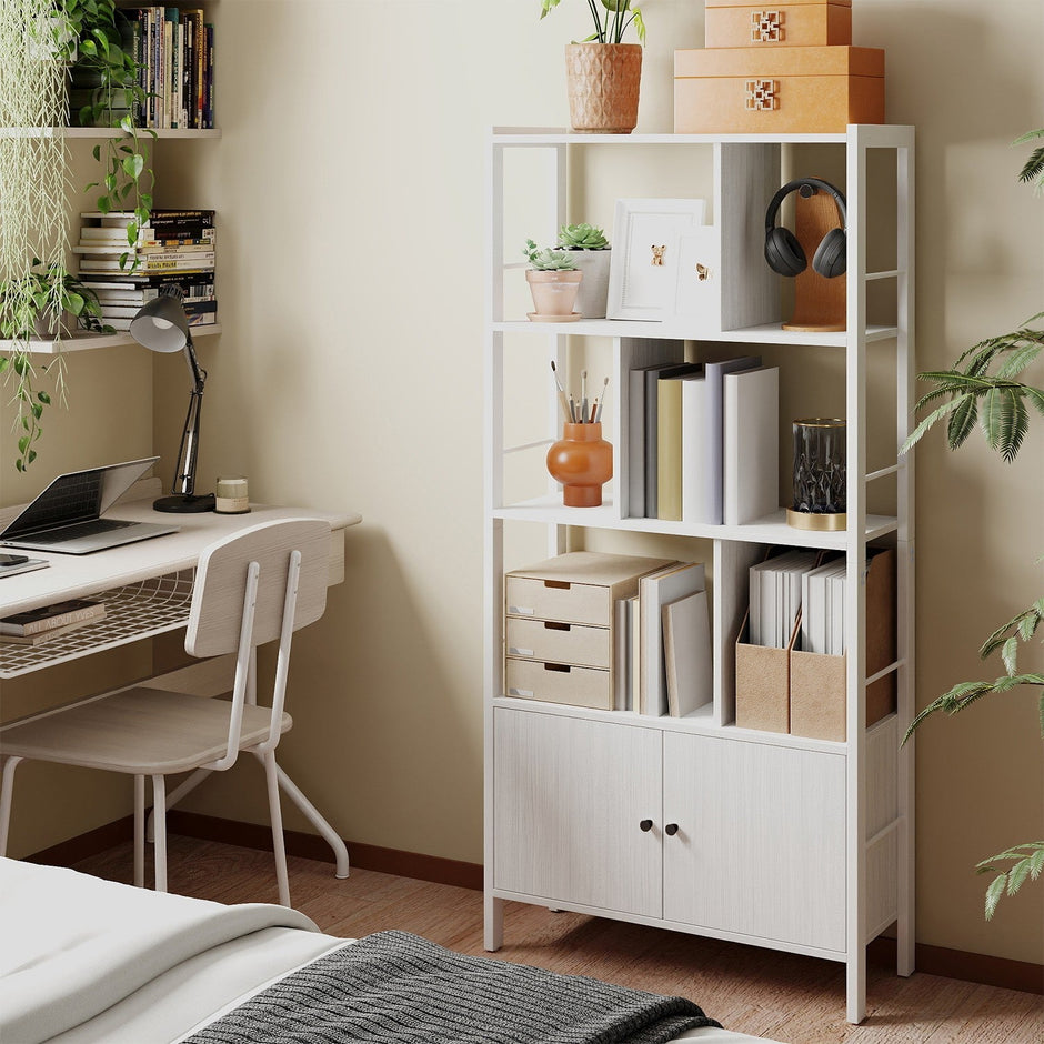 Bookshelf – Wood – Maple White and Ink Black – Large Storage with Doors and 4 Shelves