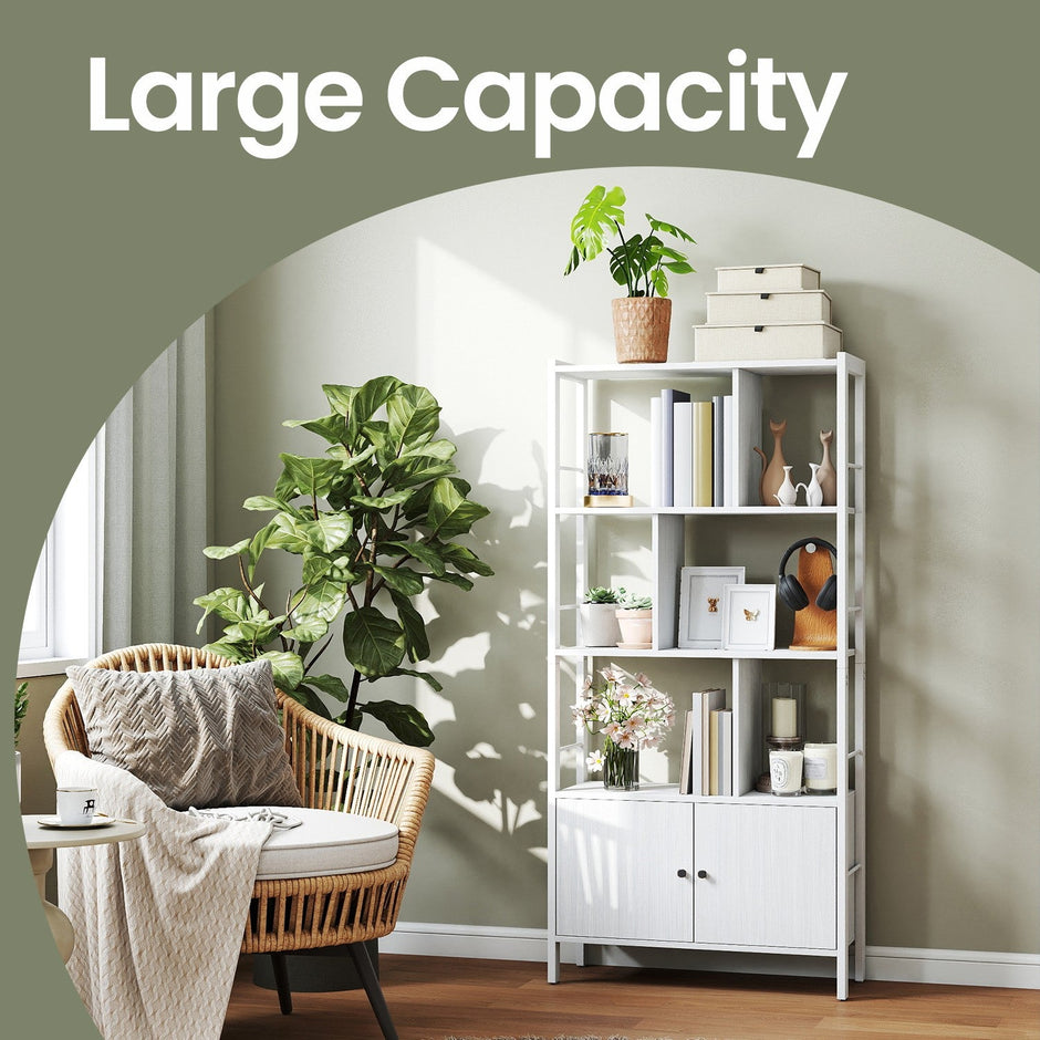 Bookshelf – Wood – Maple White and Ink Black – Large Storage with Doors and 4 Shelves