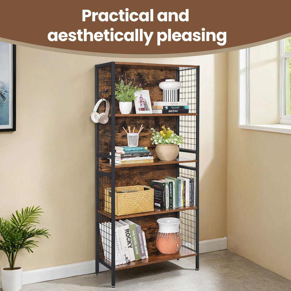 Bookcase – Steel – Rustic Brown and Black – 4-Tier Design with S-Shaped Hooks