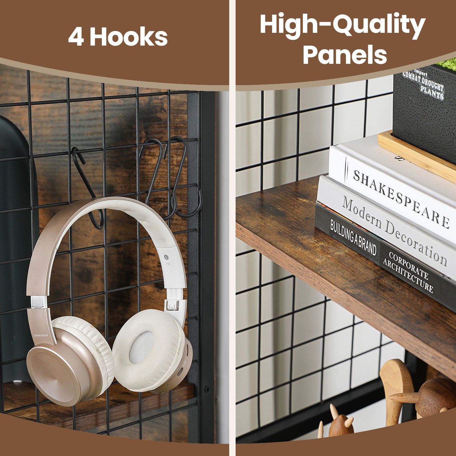 Bookcase – Steel – Rustic Brown and Black – 4-Tier Design with S-Shaped Hooks