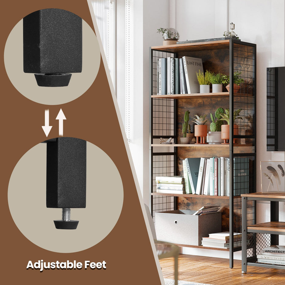 Bookcase – Steel – Rustic Brown and Black – 4-Tier Design with S-Shaped Hooks