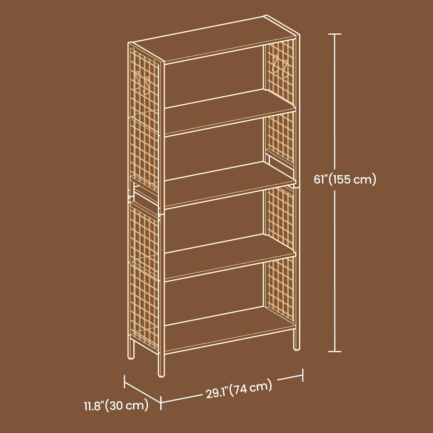 Bookcase – Steel – Rustic Brown and Black – 4-Tier Design with S-Shaped Hooks