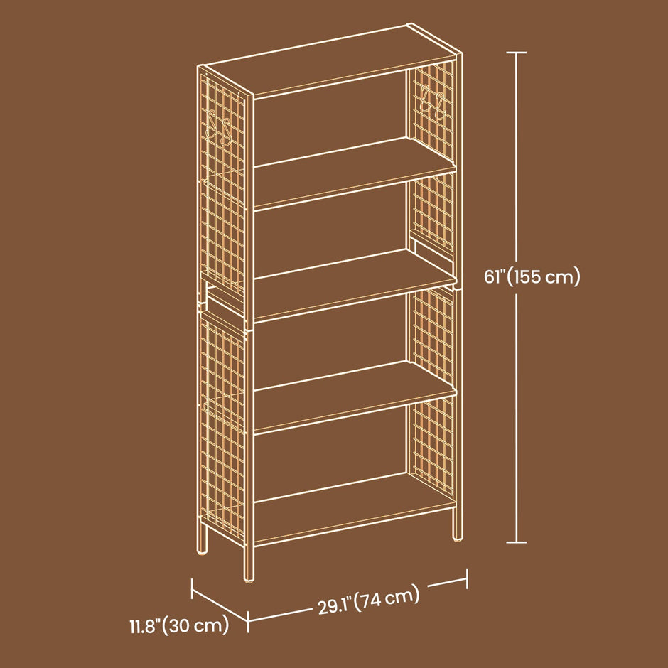 Bookcase – Steel – Rustic Brown and Black – 4-Tier Design with S-Shaped Hooks