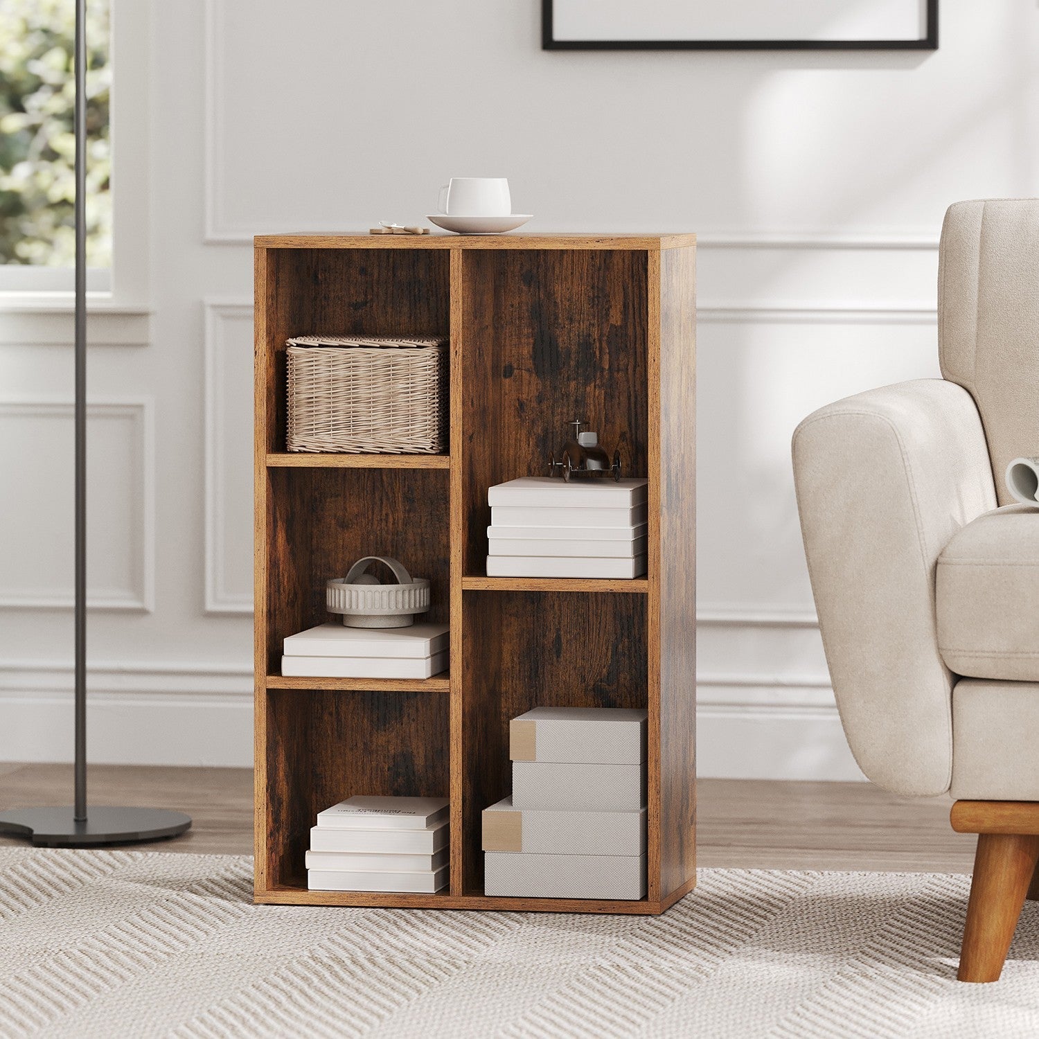 Kids Bookcase – Wood – Oak – 5-Cube Design with Floor Standing Storage