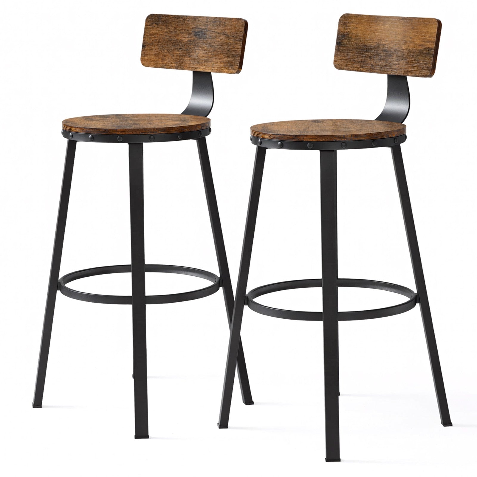 Bar Stools Set of 2 – Heavy-Duty Steel – Rustic Brown and Black – Industrial Design, Bar Height with Backrest
