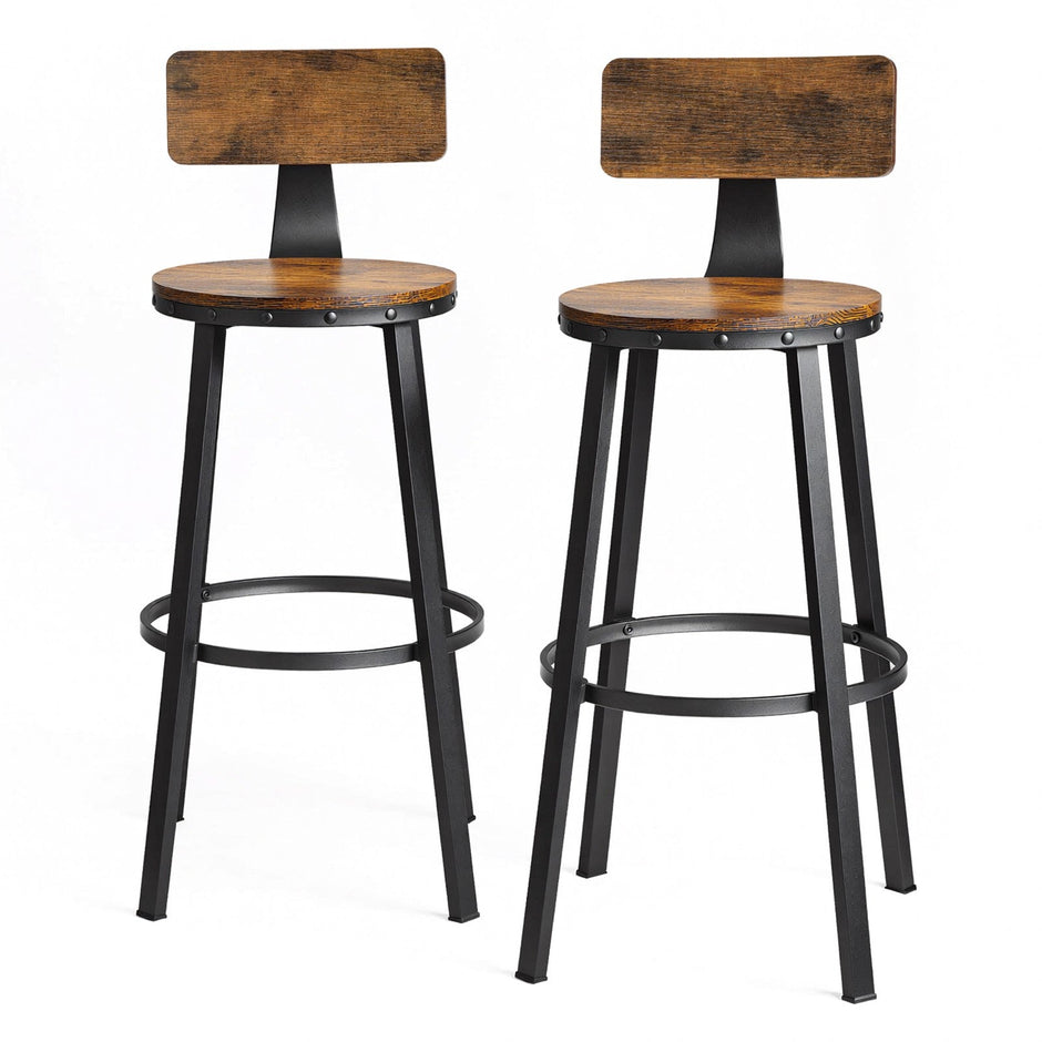 Bar Stools Set of 2 – Heavy-Duty Steel – Rustic Brown and Black – Industrial Design, Bar Height with Backrest
