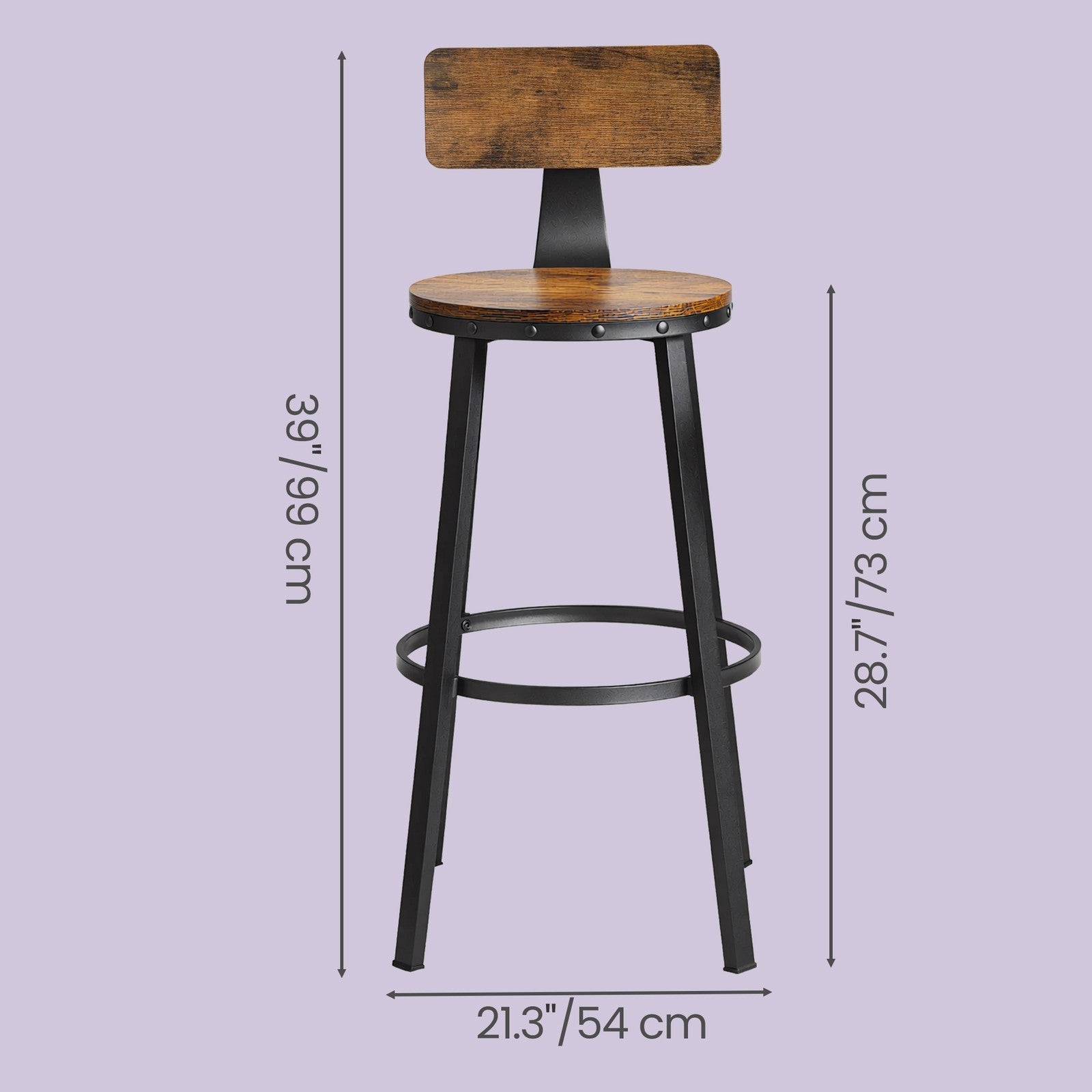 Bar Stools Set of 2 – Heavy-Duty Steel – Rustic Brown and Black – Industrial Design, Bar Height with Backrest