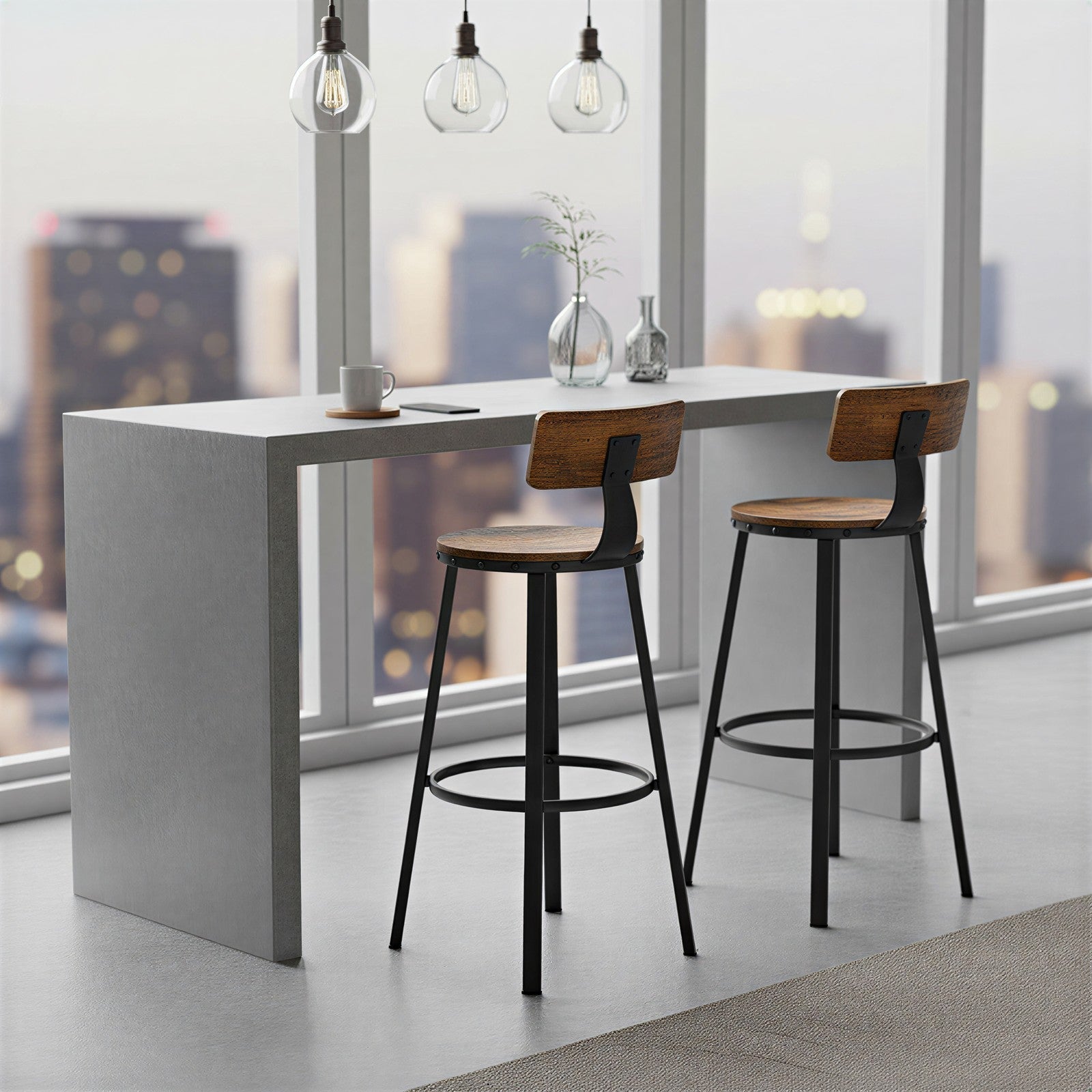 Bar Stools Set of 2 – Heavy-Duty Steel – Rustic Brown and Black – Industrial Design, Bar Height with Backrest