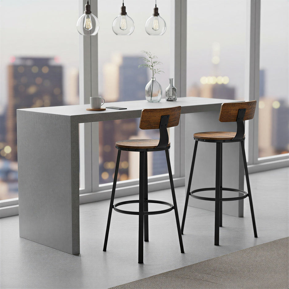 Bar Stools Set of 2 – Heavy-Duty Steel – Rustic Brown and Black – Industrial Design, Bar Height with Backrest