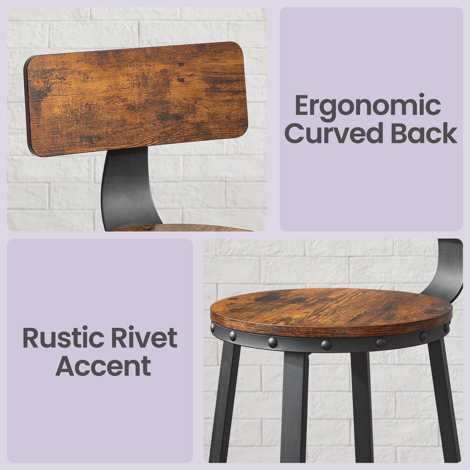 Bar Stools Set of 2 – Heavy-Duty Steel – Rustic Brown and Black – Industrial Design, Bar Height with Backrest