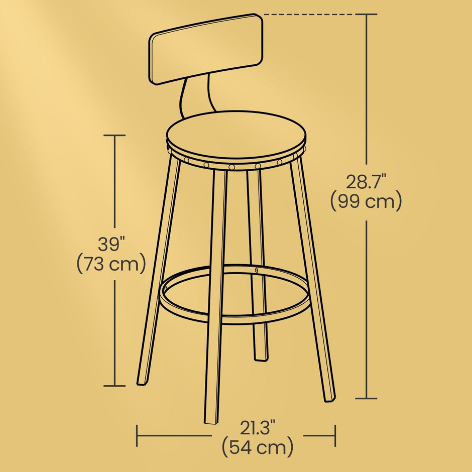 Bar Stools Set of 2 – Heavy-Duty Steel – Rustic Brown and Black – Industrial Design, Bar Height with Backrest