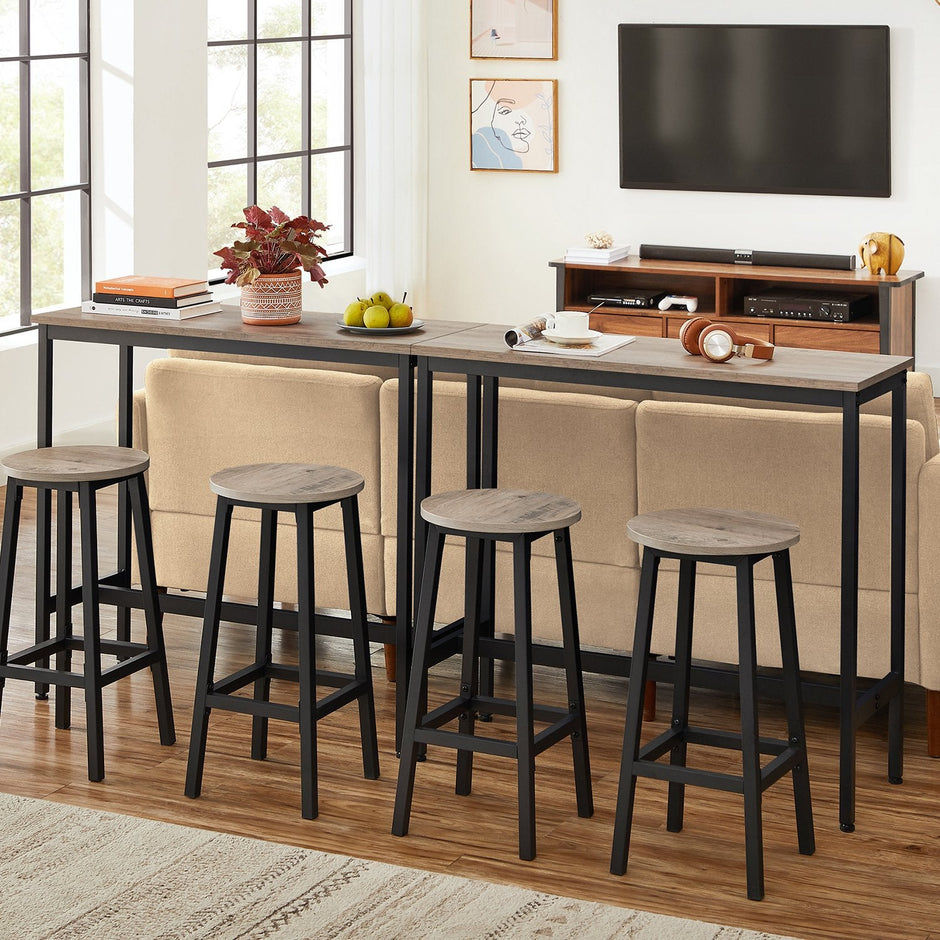 Bar Stools – Wood – Oak Beige and White – Set of 2 with Footrest