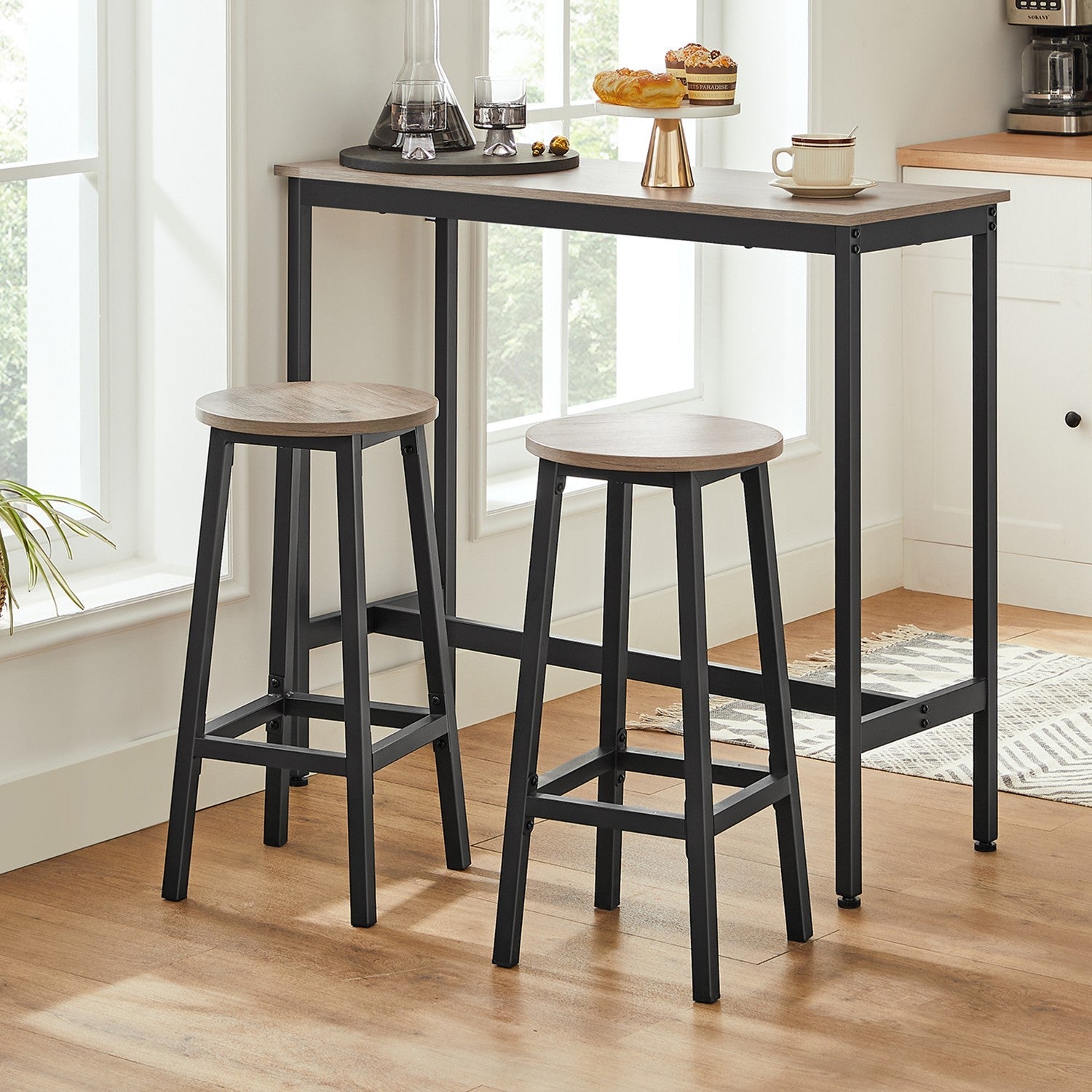 Bar Stools – Wood – Oak Beige and White – Set of 2 with Footrest