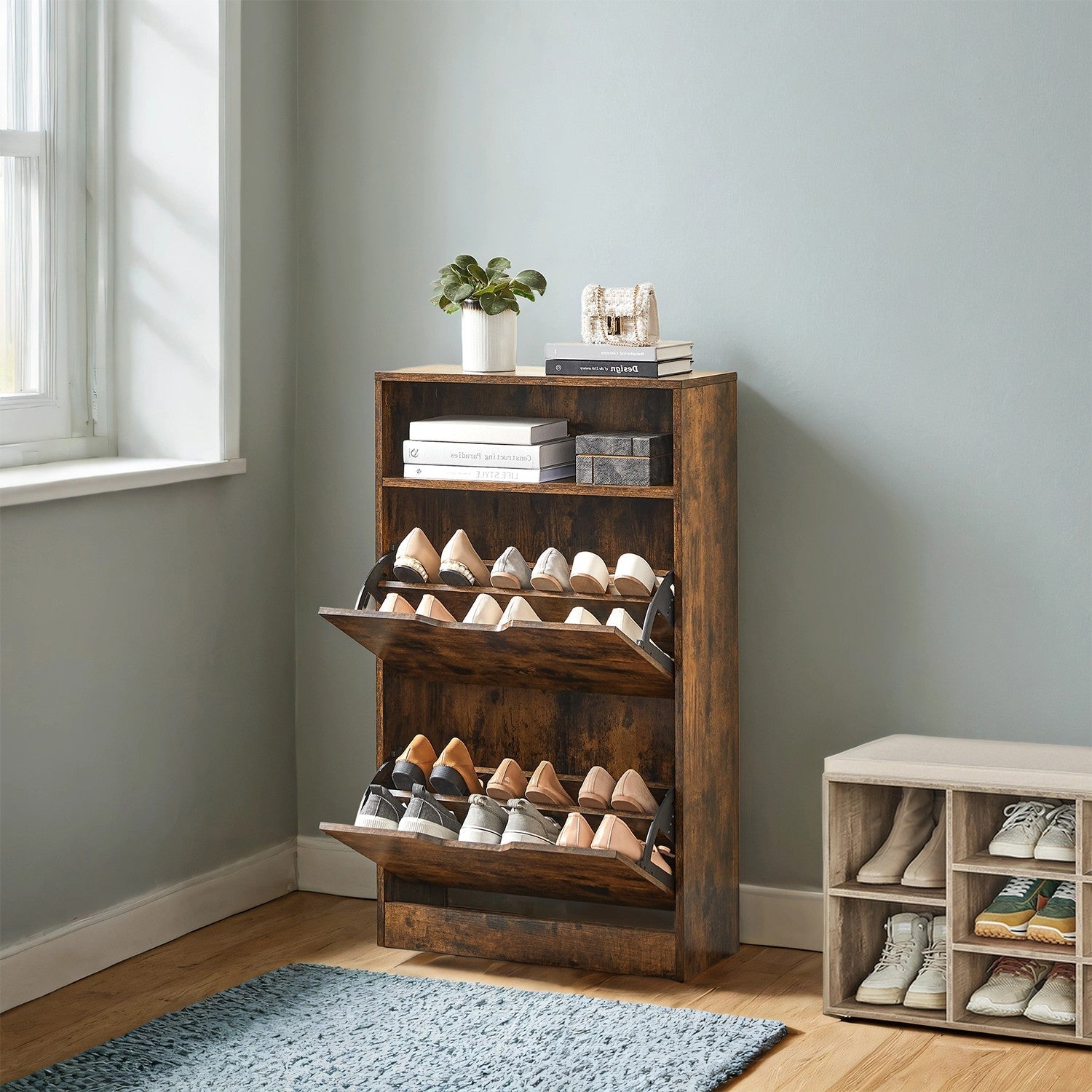 Shoe Cabinet – Melamine Veneer – Rustic Brown – Slim Design with Open Shelf and Two Flaps