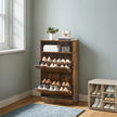 Shoe Cabinet – Melamine Veneer – Rustic Brown – Slim Design with Open Shelf and Two Flaps