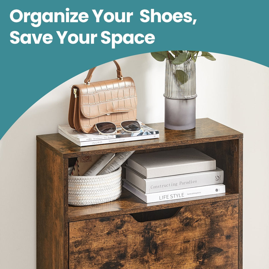 Shoe Cabinet – Melamine Veneer – Rustic Brown – Slim Design with Open Shelf and Two Flaps