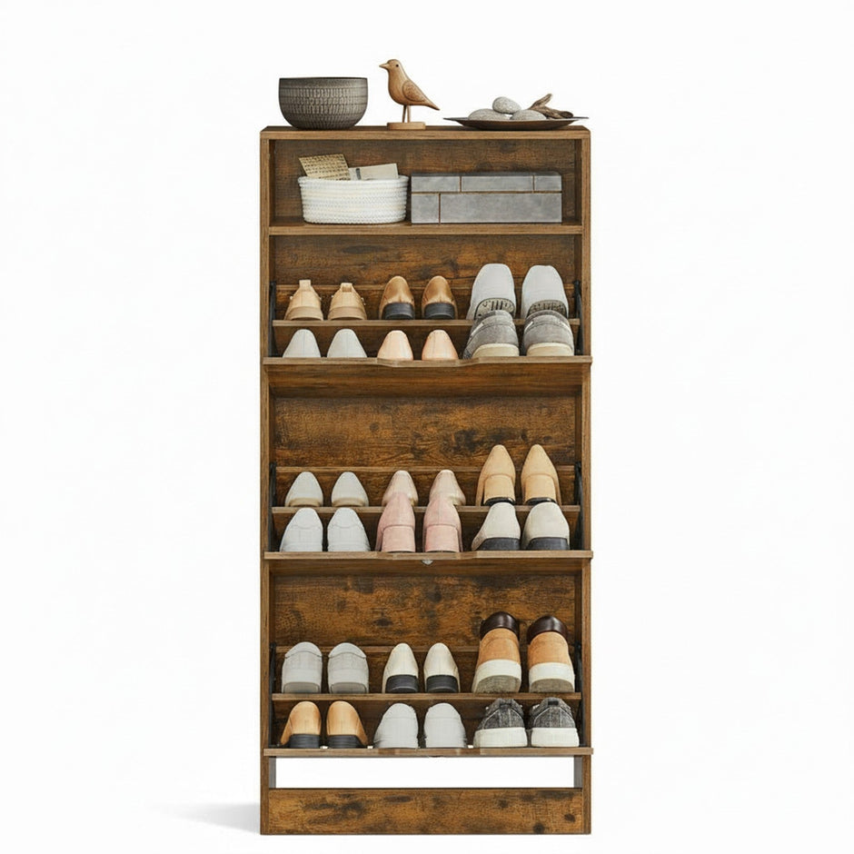 Shoe Cabinet – Wood – Brown – 3 Flip Doors, 4 Tier, for 14-18 Pairs