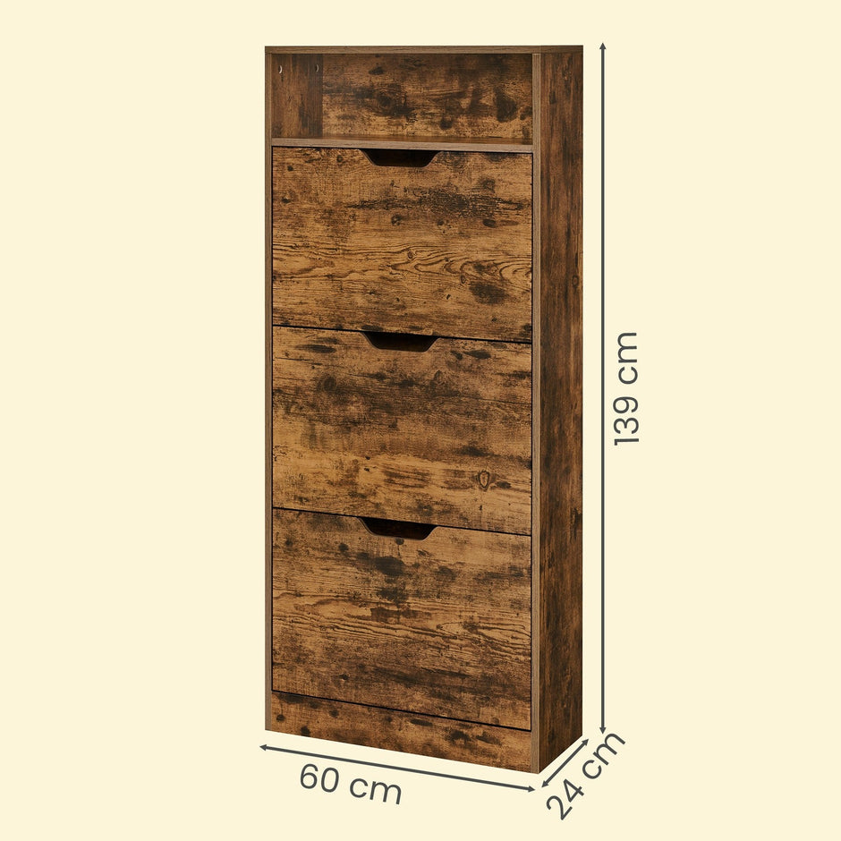 Shoe Cabinet – Wood – Brown – 3 Flip Doors, 4 Tier, for 14-18 Pairs