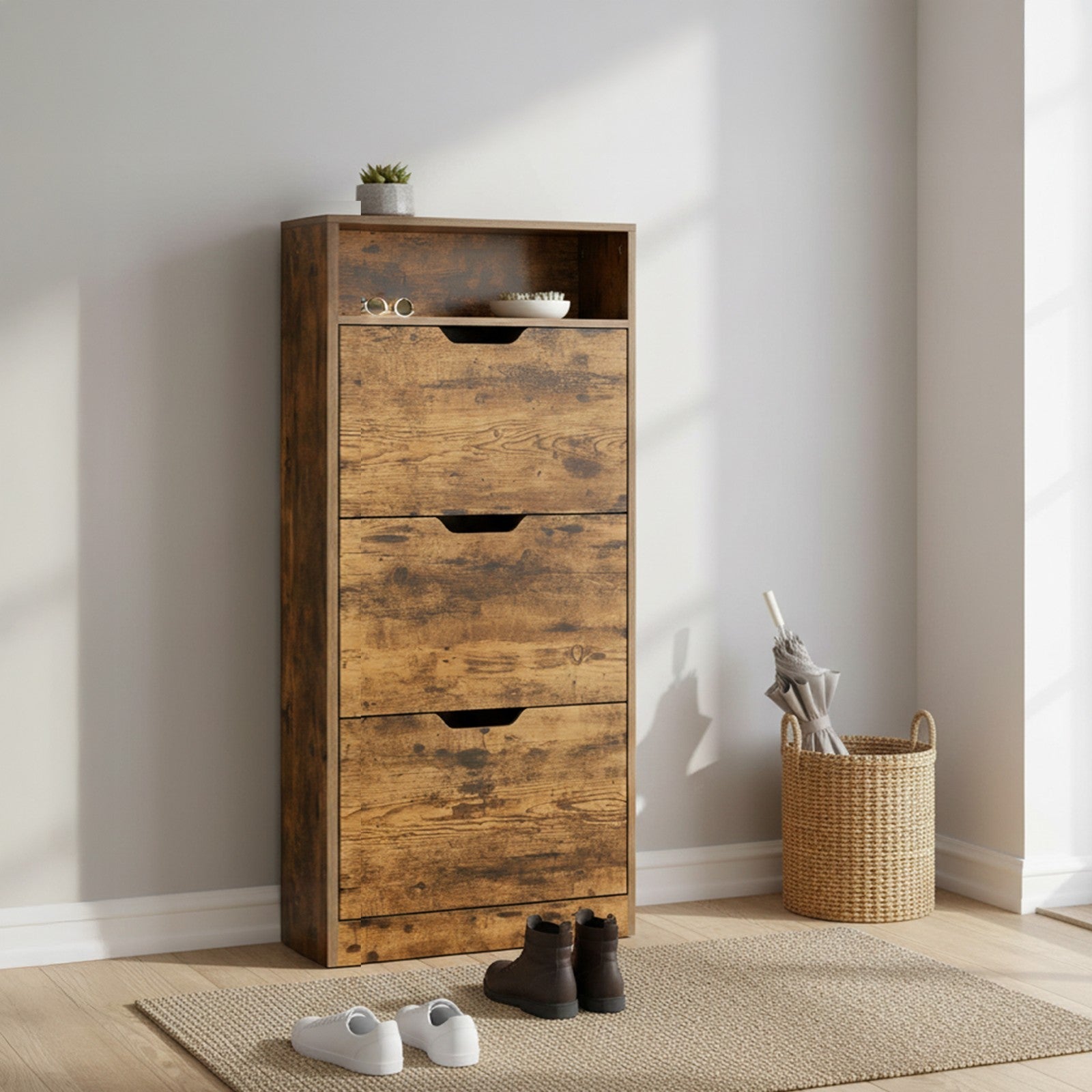 Shoe Cabinet – Wood – Brown – 3 Flip Doors, 4 Tier, for 14-18 Pairs
