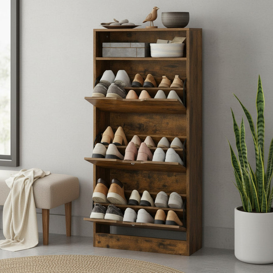 Shoe Cabinet – Wood – Brown – 3 Flip Doors, 4 Tier, for 14-18 Pairs