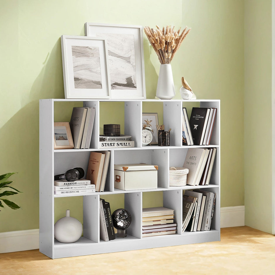 Bookcase – Wood – Multicolor – Freestanding Storage Unit with 11 Bins