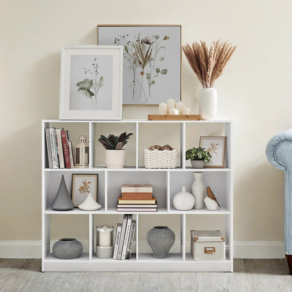 Bookcase – Wood – Multicolor – Freestanding Storage Unit with 11 Bins