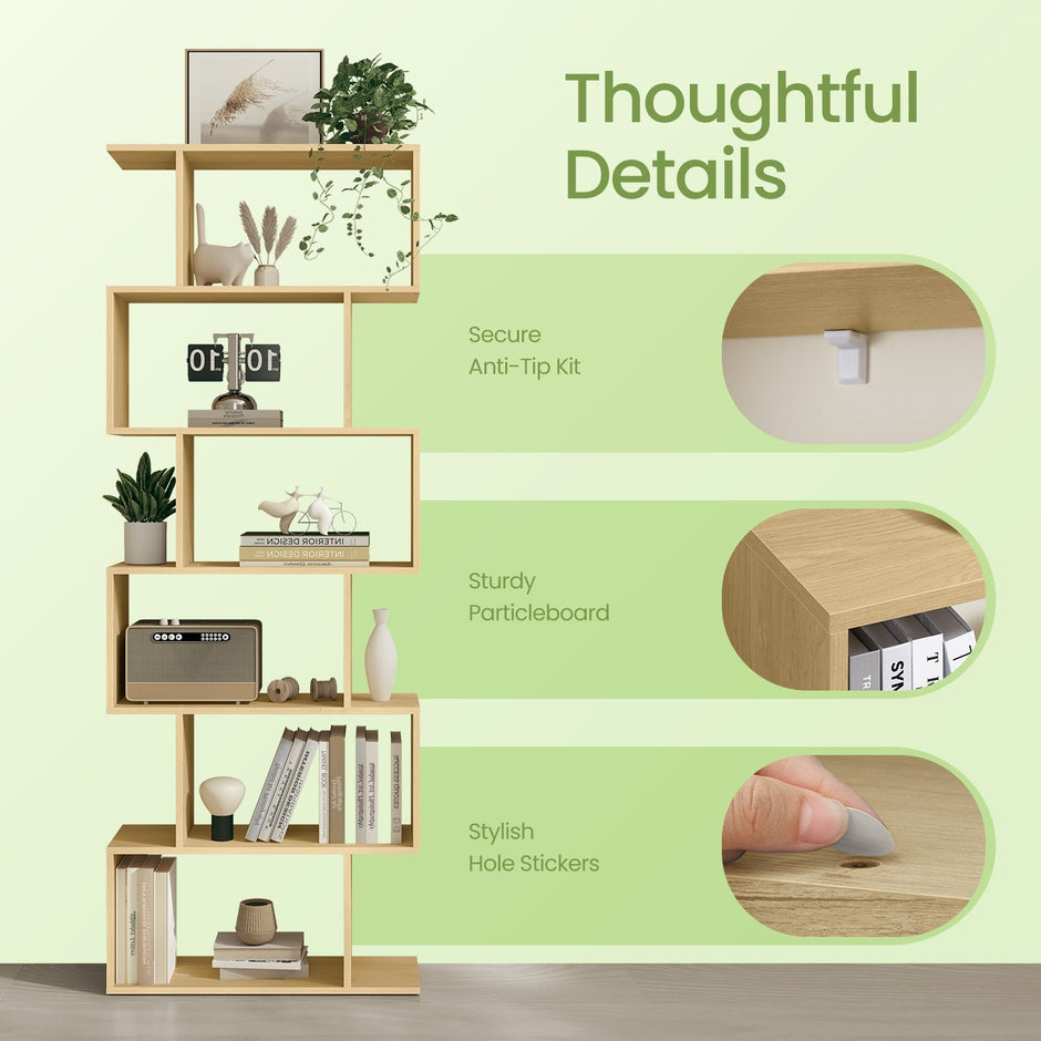 6-Tier Bookshelf – Wood – White – Freestanding Room Divider