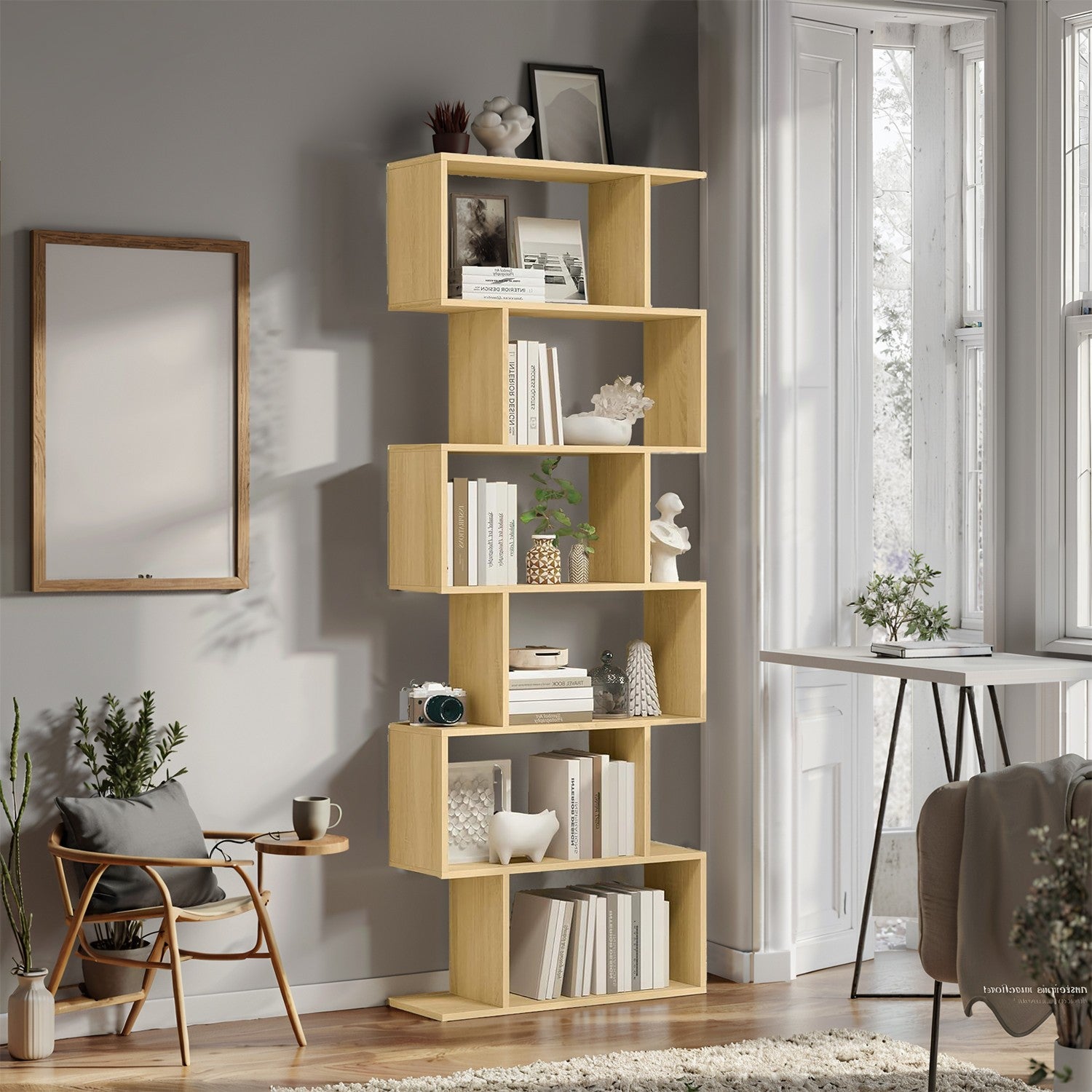 6-Tier Bookshelf – Wood – White – Freestanding Room Divider