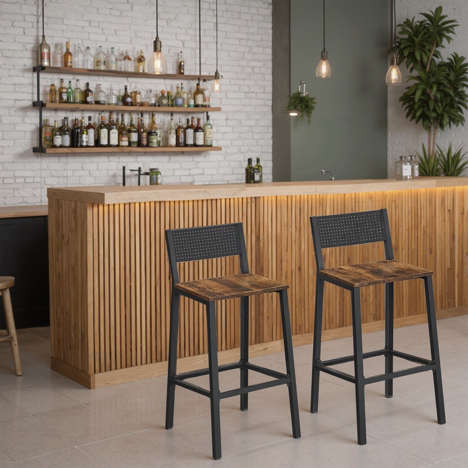 Set of 2 Dining Chairs – Wood and Metal – Rustic Brown and Black – Industrial Style