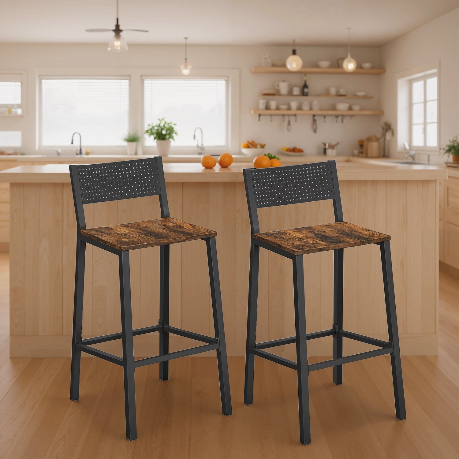 Set of 2 Dining Chairs – Wood and Metal – Rustic Brown and Black – Industrial Style