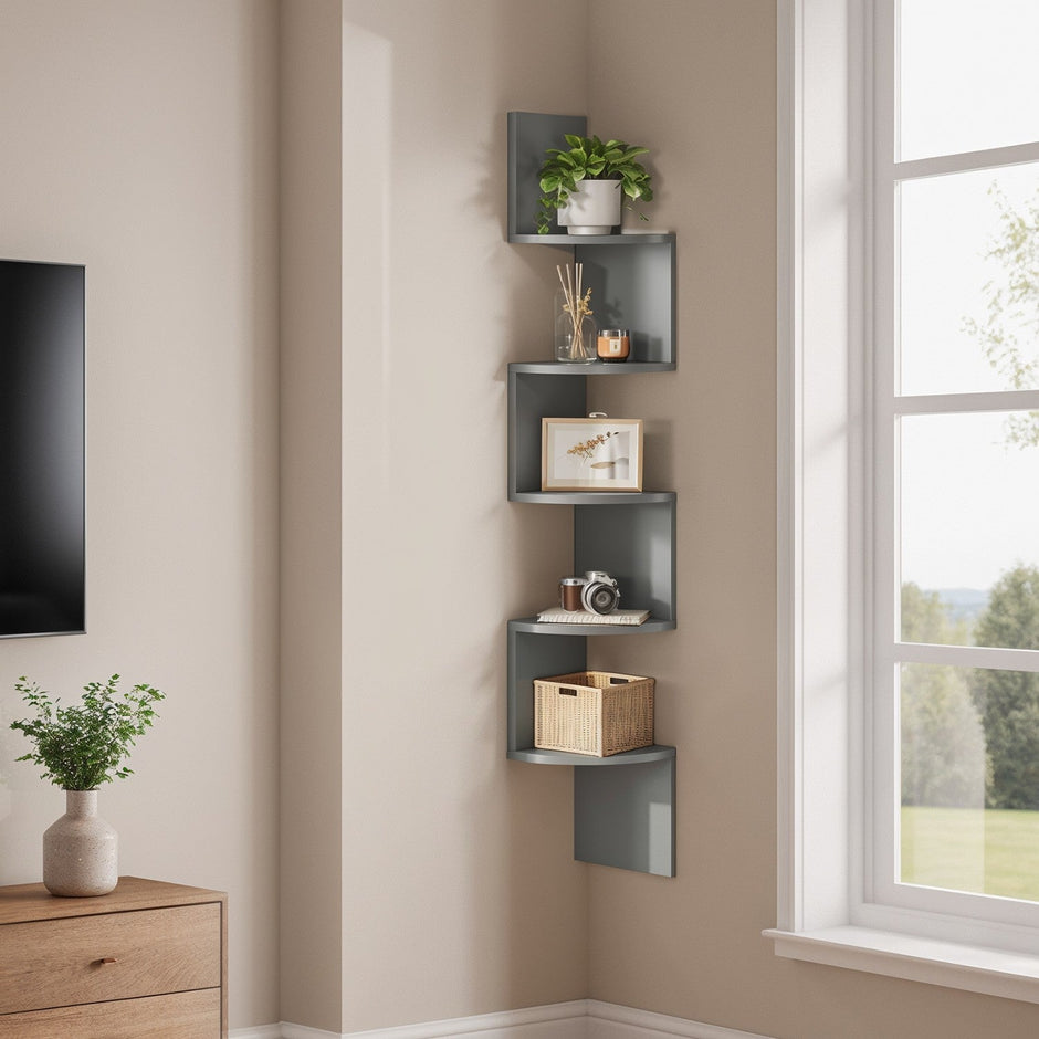 5-Tier Floating Corner Shelf – Wood – Dove Gray – Versatile Storage for Bedroom, Living Room, Bathroom, and Home Office