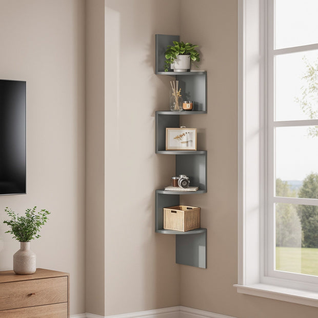 5-Tier Floating Corner Shelf – Wood – Dove Gray – Versatile Storage for Bedroom, Living Room, Bathroom, and Home Office