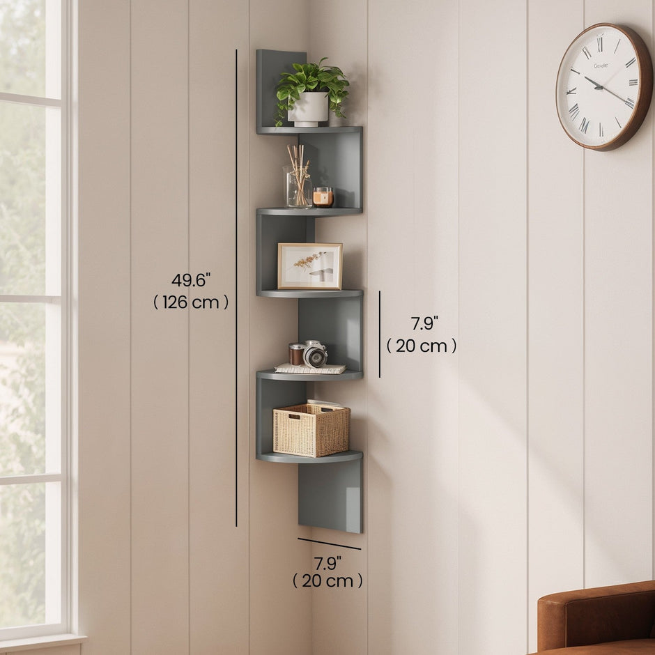 5-Tier Floating Corner Shelf – Wood – Dove Gray – Versatile Storage for Bedroom, Living Room, Bathroom, and Home Office