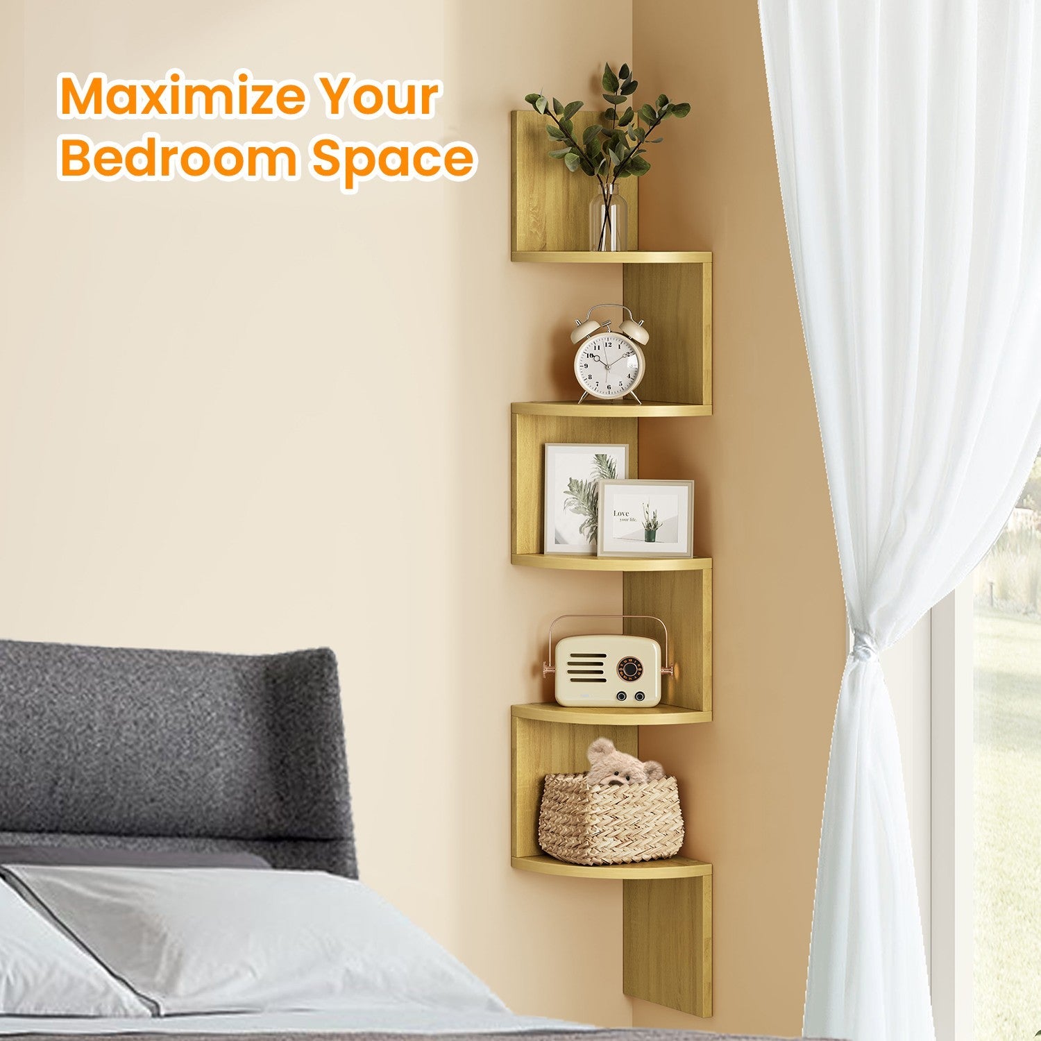 Floating Corner Bookshelf – Wood – Dove Gray – 5-Tier Multi-Purpose Design for Any Room