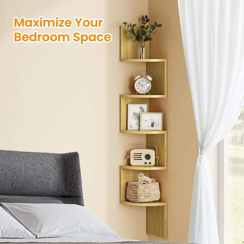 Floating Corner Bookshelf – Wood – Dove Gray – 5-Tier Multi-Purpose Design for Any Room
