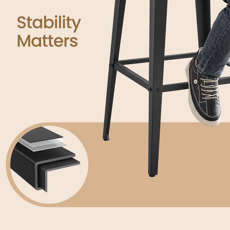 Set of 2 Bar Stools – Metal – Black and Rustic Brown – Supportive Backrest