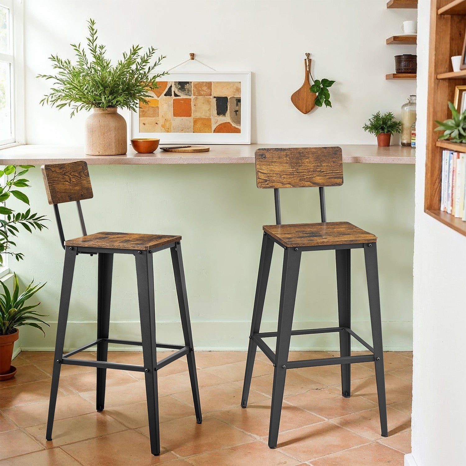Set of 2 Bar Stools – Metal – Black and Rustic Brown – Supportive Backrest