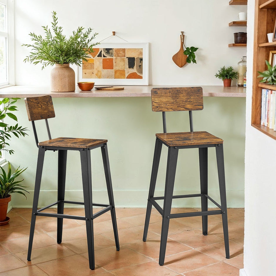 Set of 2 Bar Stools – Metal – Black and Rustic Brown – Supportive Backrest