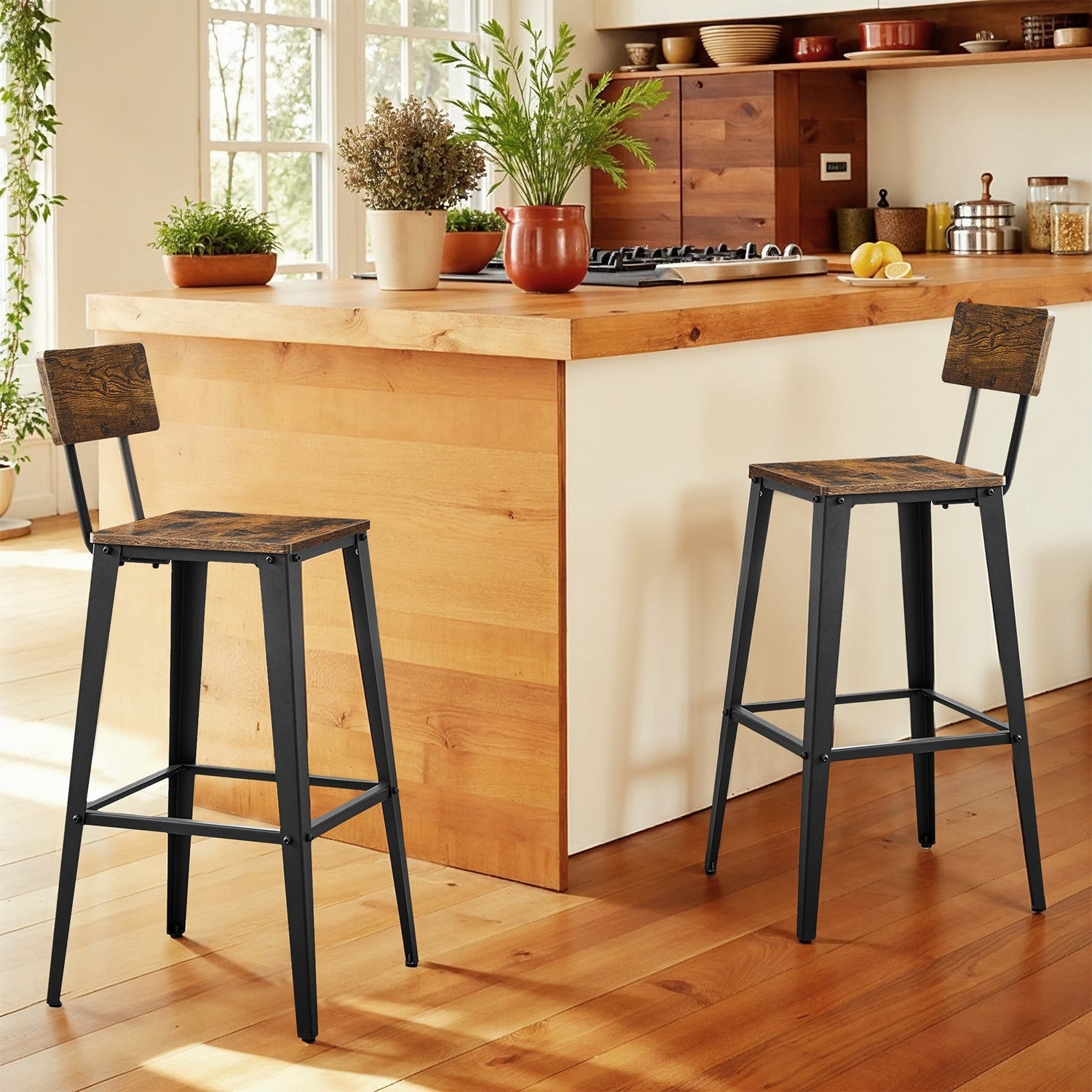 Set of 2 Bar Stools – Metal – Black and Rustic Brown – Supportive Backrest