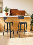 Set of 2 Bar Height Stools – Steel – Rustic Brown and Black – Backrest, Easy Assembly