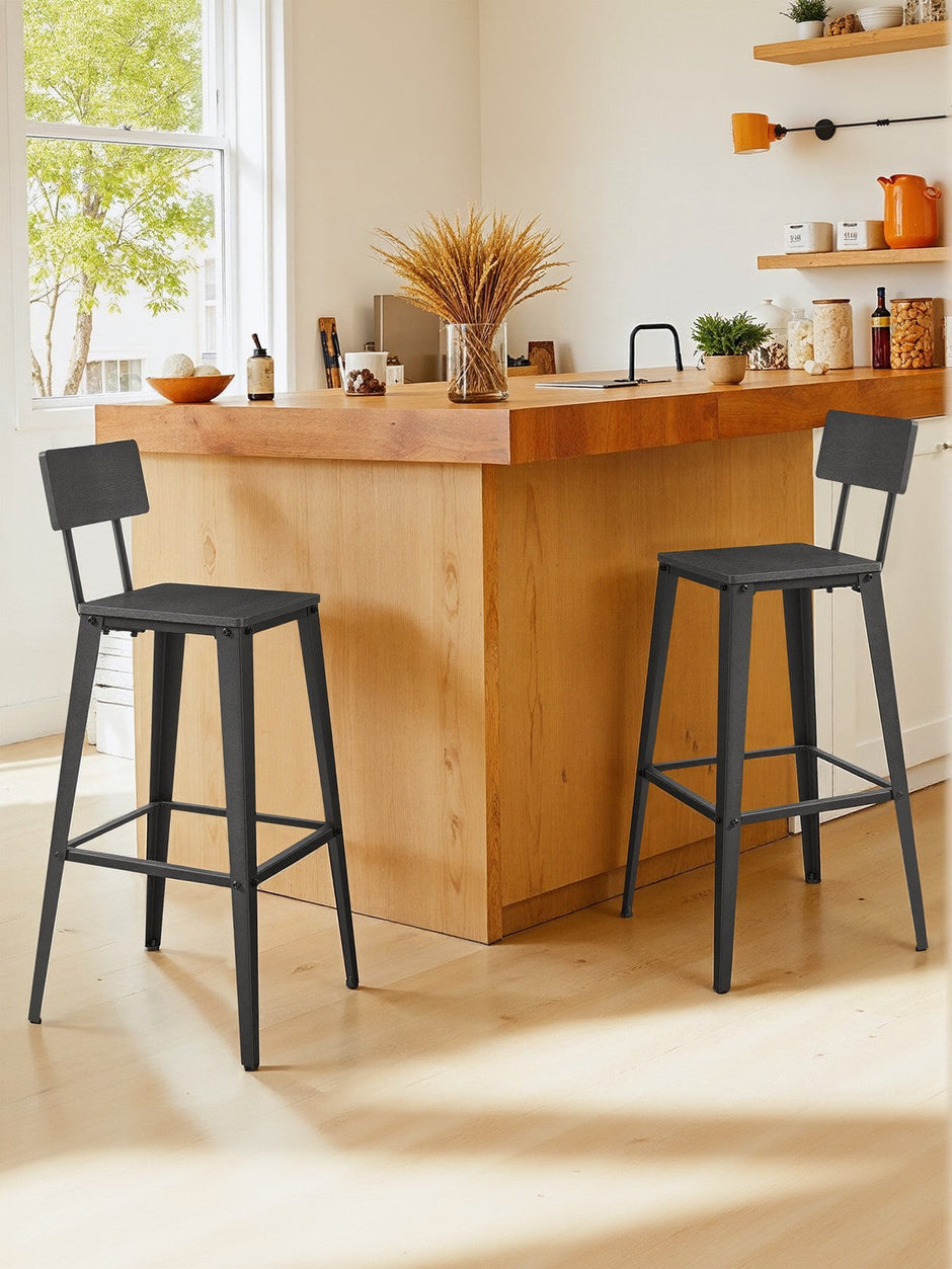 Set of 2 Bar Height Stools – Steel – Rustic Brown and Black – Backrest, Easy Assembly