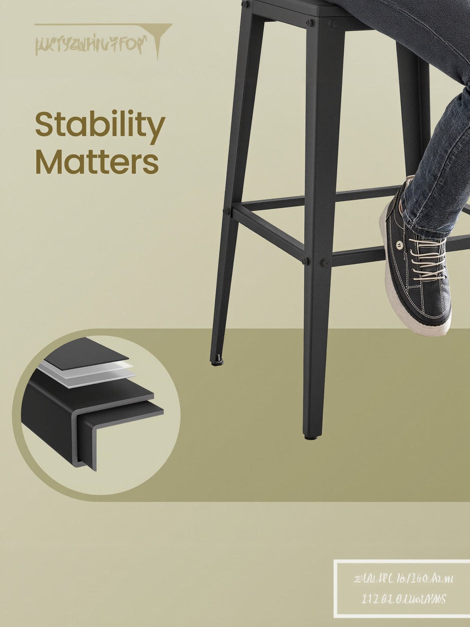 Set of 2 Bar Height Stools – Steel – Rustic Brown and Black – Backrest, Easy Assembly